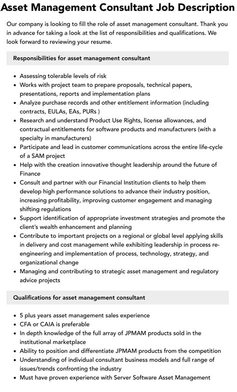 Asset Management Consultant Job Description Velvet Jobs