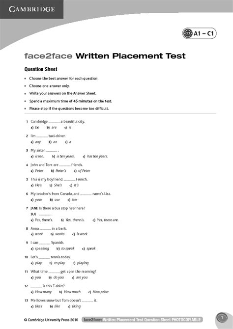 Written Placement Test Of Cambridge Face To Face