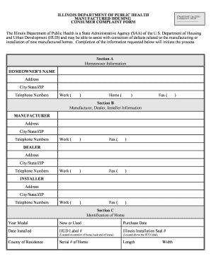 Fillable Online Idph State Il Manufactured Housing Consumer Complaint