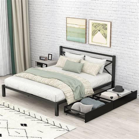 Sesslife Queen Bed Frame With Storage Black Metal Platform Bed With