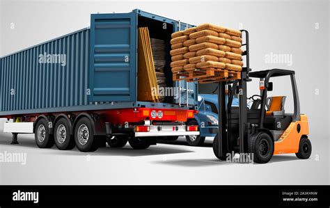 Modern concept of loading and unloading cargo from blue from truck with ...