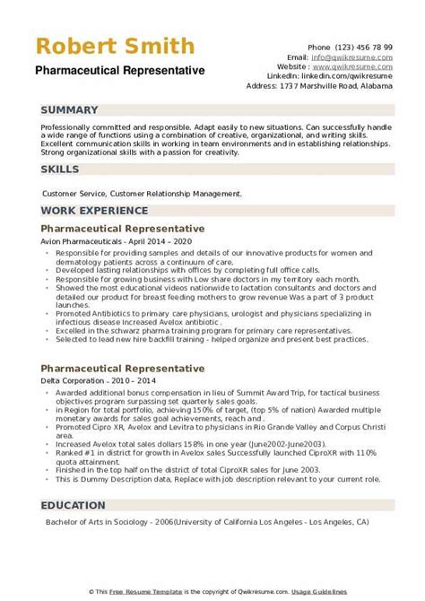 Pharmaceutical Representative Resume Samples Qwikresume