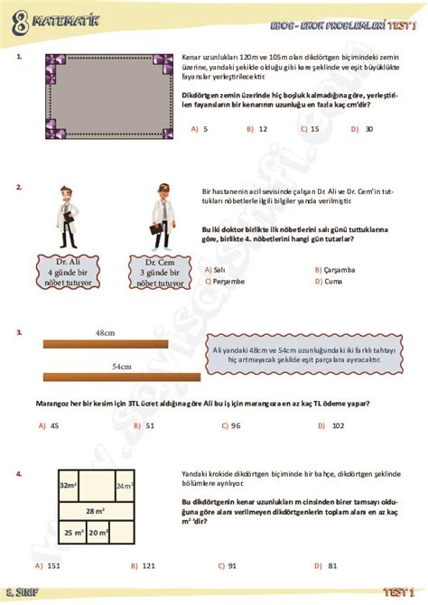 S N F Matematik Ebob Ekok Problemler Test Yaprak Test Derslig