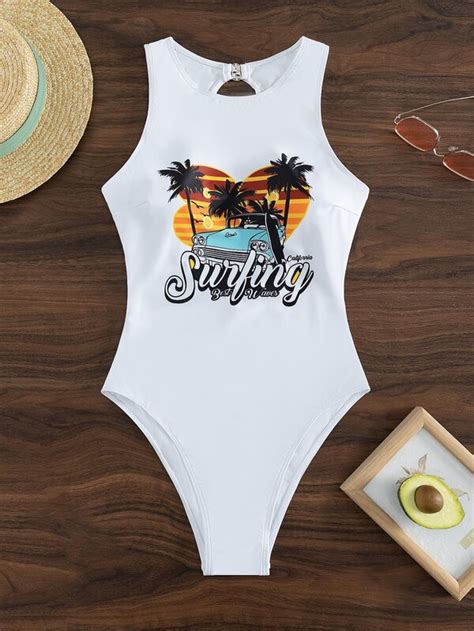 Shein Swim Sprty Tropical And Letter Graphic One Piece Swimsuit Shein Usa