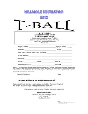 Fillable Online Cityofhillsdale T Ball Registration Doc Serving