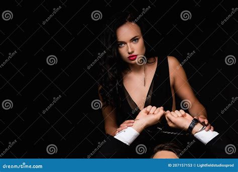 Cheerful Woman In Black Dress Seducing Stock Image Image Of Isolated