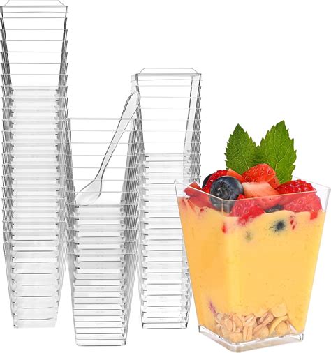 Foodeway 100 Pack 5 Oz Square Clear Plastic Dessert Cups With Plastic Spoons Small