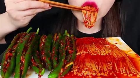 Asmr Spicy Enoki Mushrooms Cucumber Pepper Kimchi Eating Sounds