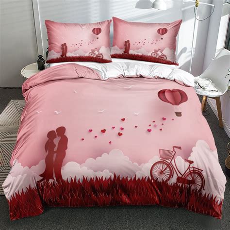 Couple Hearts Duvet Cover Set Queen Size Bedding Set Love Heart Pattern Comforter Cover Set