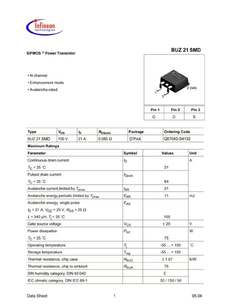 Buz21smd Infineon Technologies Ag Transistor Hoja De Datos Ficha