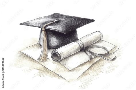 Graduation Symbolism Sketch Handdrawn Mortarboard And Rolled Diploma