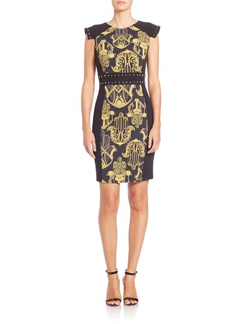 Versace Gold Printed Studded Sheath Dress Lyst