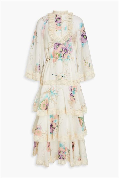 Zimmermann Tiered Lace Trimmed Floral Print Ramie Midi Dress In Natural