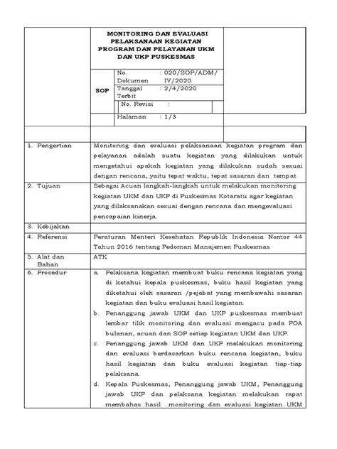 Sop Monitoring Dan Evaluasi Pelaksanaan Kegiatan Program Dan Pelayanan