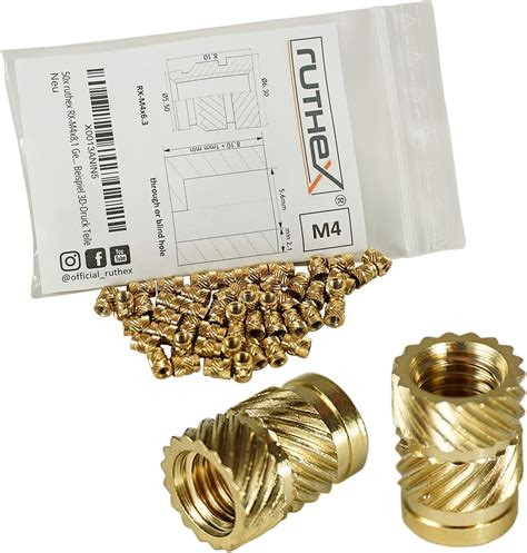 Ruthex Threaded Insert M4 50 Pieces Rx M4x81 Brass Threaded Sockets Press Fit Nut For