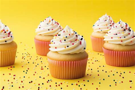 Premium AI Image Cupcakes With Yellow Frosting Rainbow Sprinkles On A