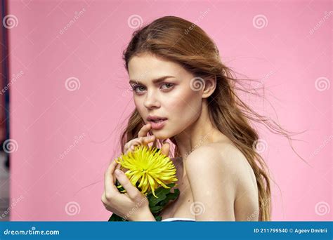 Beautiful Woman Naked Shoulders Yellow Flower Charm Cosmetics Pink