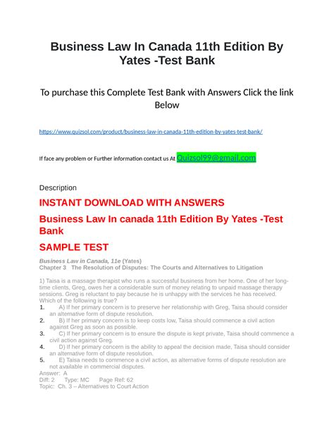 Business Law In Canada 11th Edition By Yates Test Bank Chapter 3 Business Law In Canada 11th