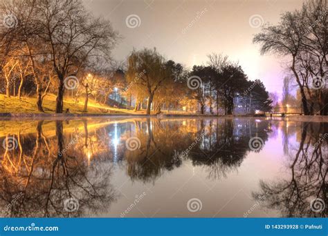 Night View of the Park and the Lake. Stock Photo - Image of ...