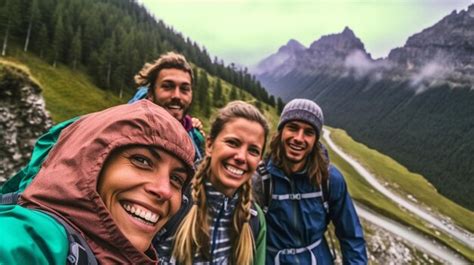 Premium Ai Image Four Hikers With Backpacks Take A Selfie While