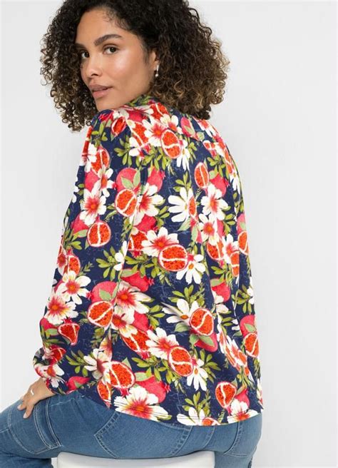 Bonprix Blusa Amarra O No Decote Floral Azul Em Decote