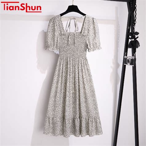 Jual Tianshun High Quality Floral Fashion Short Sleeves Midi Dress