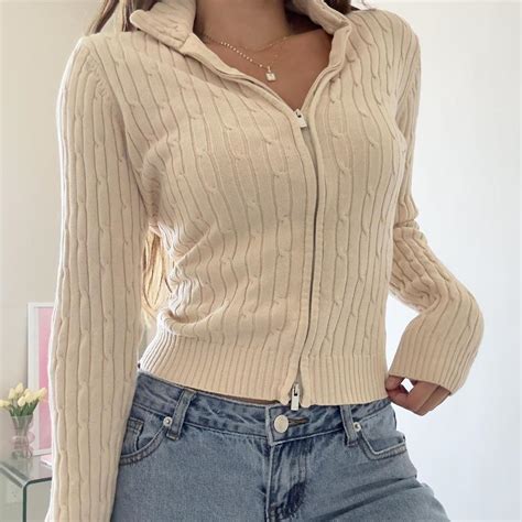 Izod Top 🧸🎀 Cream Cableknit Zip Up Sweater Jacket Depop