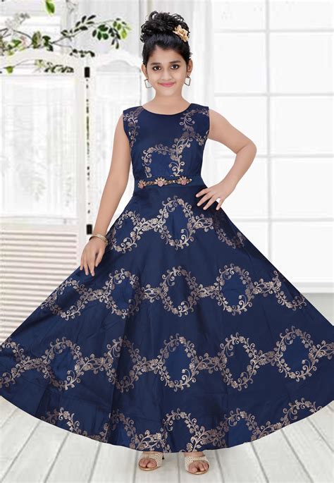 Buy Navy Blue Brocade Readymade Kids Gown 195457 Online At Lowest Price