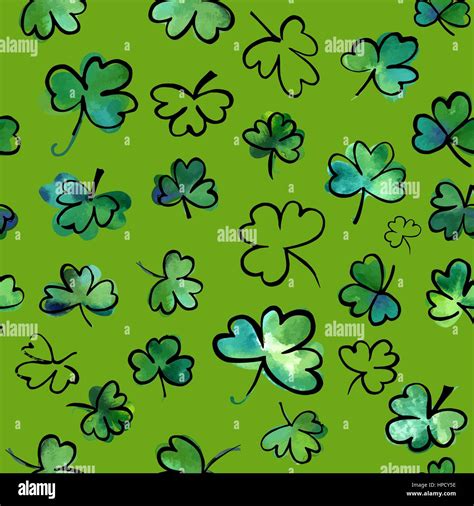 Seamless Pattern With Vector And Watercolour Shamrocks Stock Vector