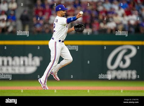 Texas Rangers Second Baseman Marcus Semien Throws Arizona Diamondbacks