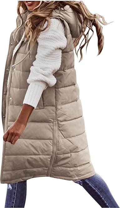 Womens Fashion Long Puffer Vest Plus Size Winter Zip Up Hooded Quilted