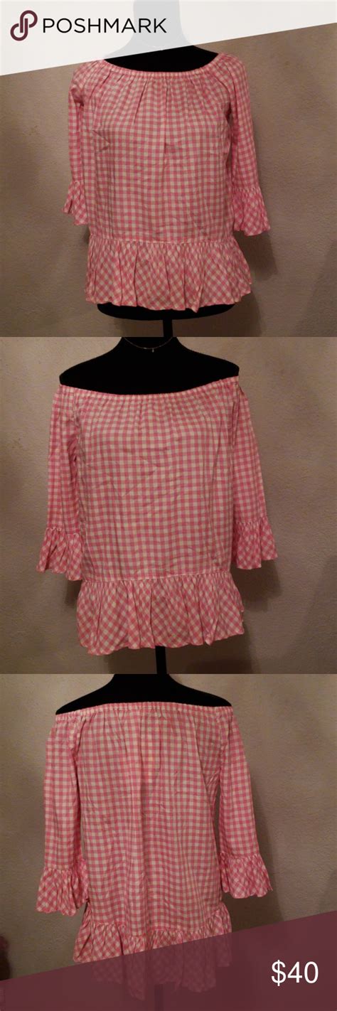 Pink Gingham Blouse With Off The Shoulder Bell Sleeves