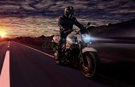 Motorcycle At Night Riding On Country Road Stock Photo Image Of Biker