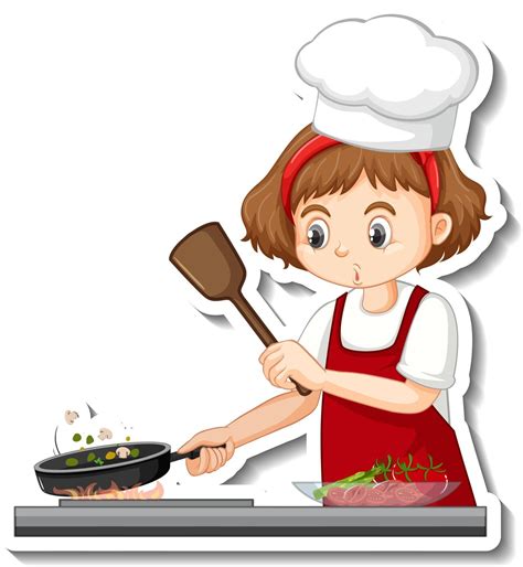 Sticker Design With Chef Girl Cooking Food Cartoon Character 2801658