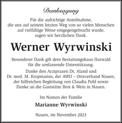 Traueranzeigen Von Werner Wyrwinski M Rkische Onlinezeitung Trauerportal