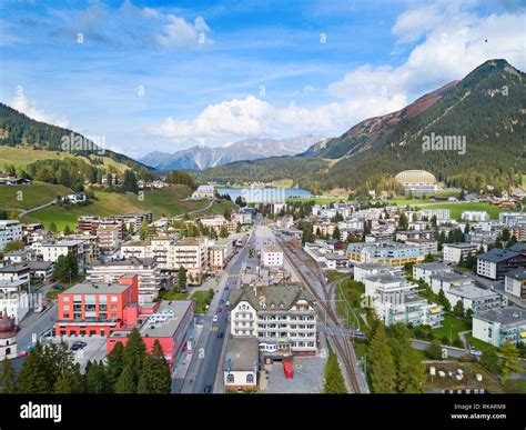 Aerial View Of Davos City And Lake Davos Is Swiss City Famous