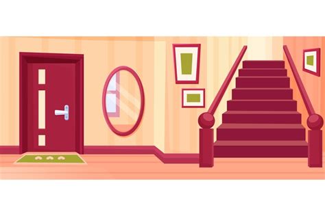 Cartoon house hallway, home hall with stair, mirror and pic