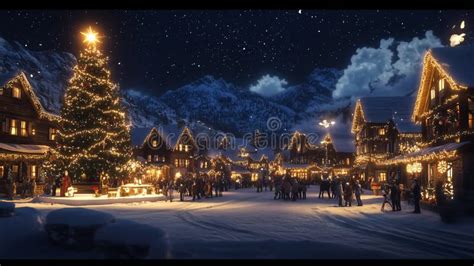 A Snow Covered Village At Night With Twinkling Christmas Lights Stock