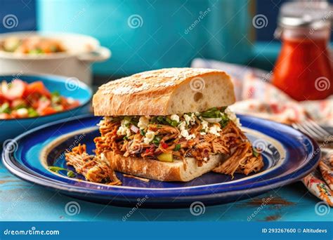 Pulled Pork Sandwich With Multigrain Bread On A Blue Dish Stock Illustration Illustration Of