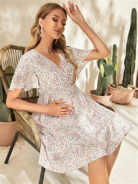 Shein Maternity Ditsy Floral Surplice Neck Dress Dress Maternity Dresses Neck Dress