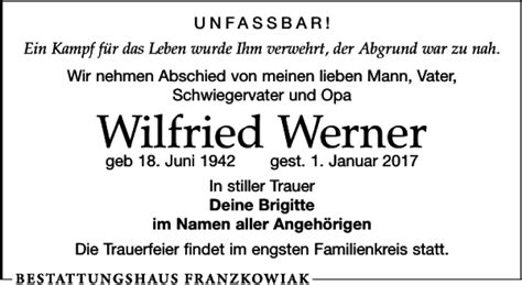 Traueranzeigen Von Wilfried Werner Trauer Anzeigen De