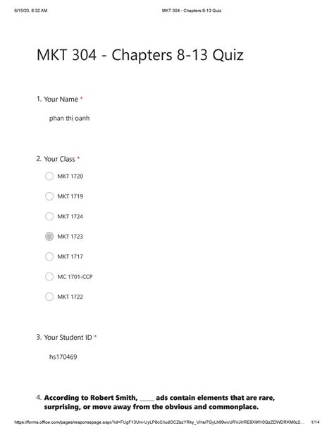 MKT 304 Chapters 8 13 Quiz Your Name phan thị oanh MKT 1720 MKT