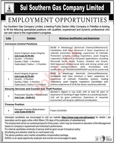 Sui Southern Gas Company Limited Ssgcl Jobs Job Advertisement