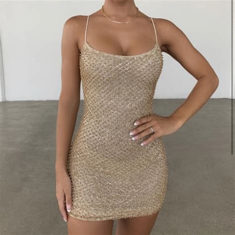 Oh Polly Embellished Mini Gold Dress Only Worn Once Depop