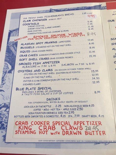 Menu At The Crab Cooker Restaurant Newport Beach Newport Blvd