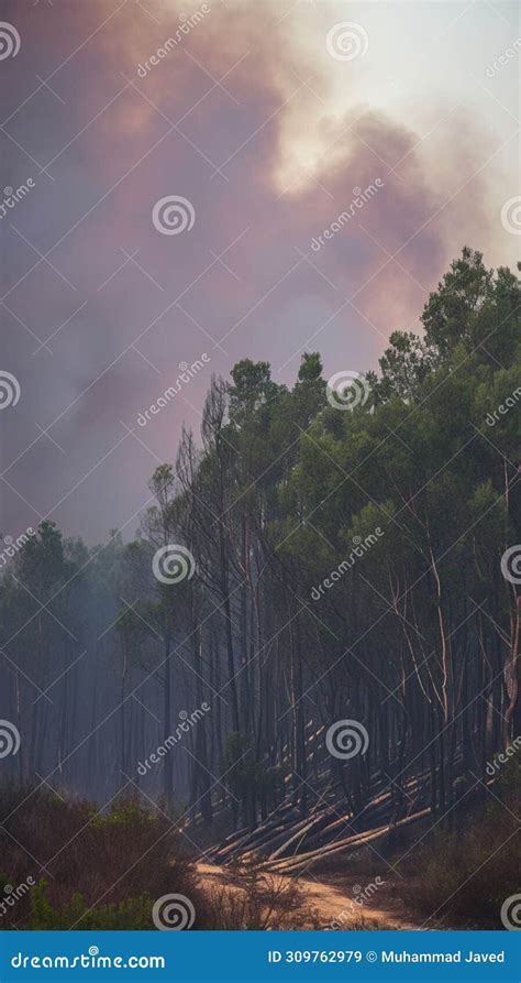 Photo Natures Fury Forest Fire Aftermath Burned Trees With Smoky Sky