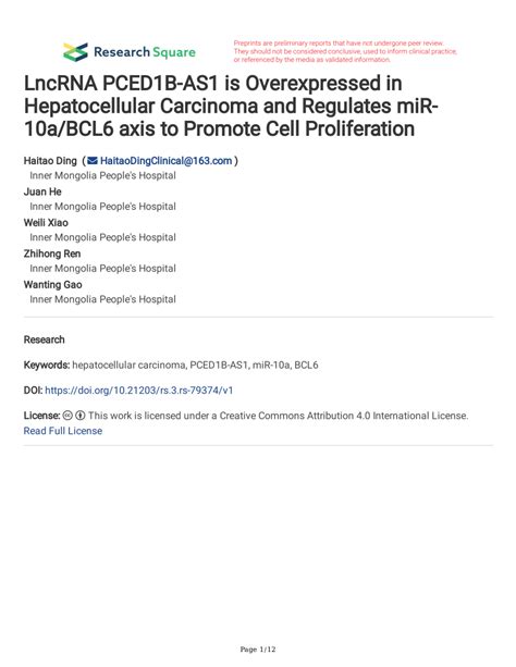 PDF LncRNA PCED1B AS1 Is Overexpressed In Hepatocellular Carcinoma