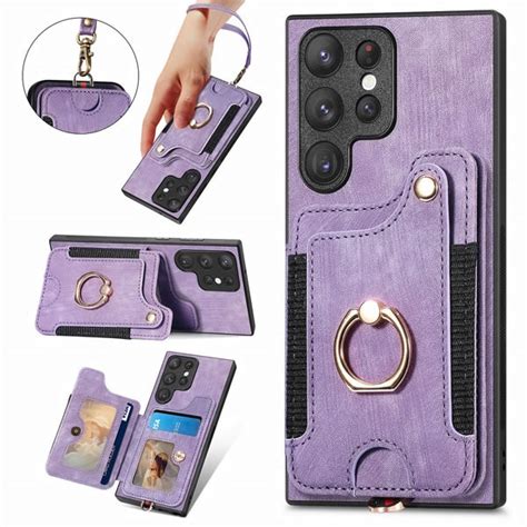 Samsung Galaxy S22 Ultra Leather Wallet Case With Rfid Credit Card Holder Wrist Strap Ring Stand