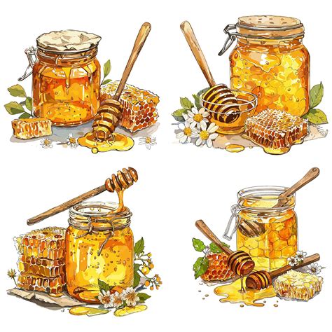 Honey Still Life Color Engraving Raster Illustration Isolated On White