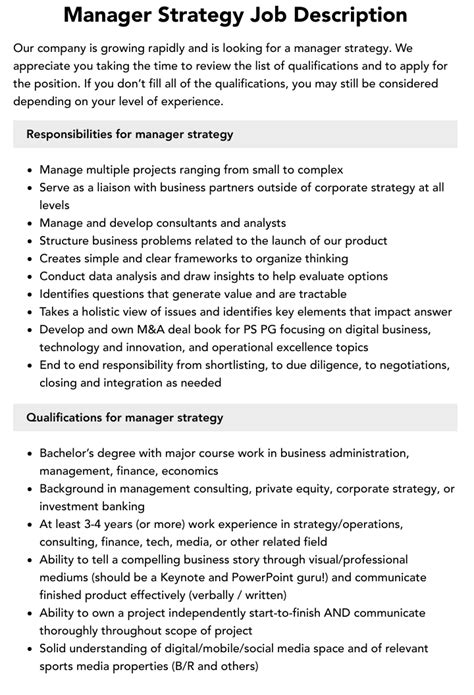 Manager Strategy Job Description Velvet Jobs